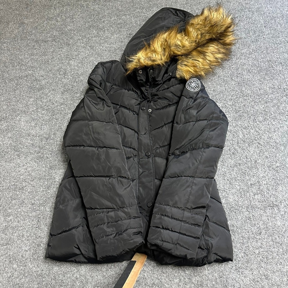 Madden Girl Puffer Jacket Womens Size S Black Faux Fur Hood Chevron Quilted Coat